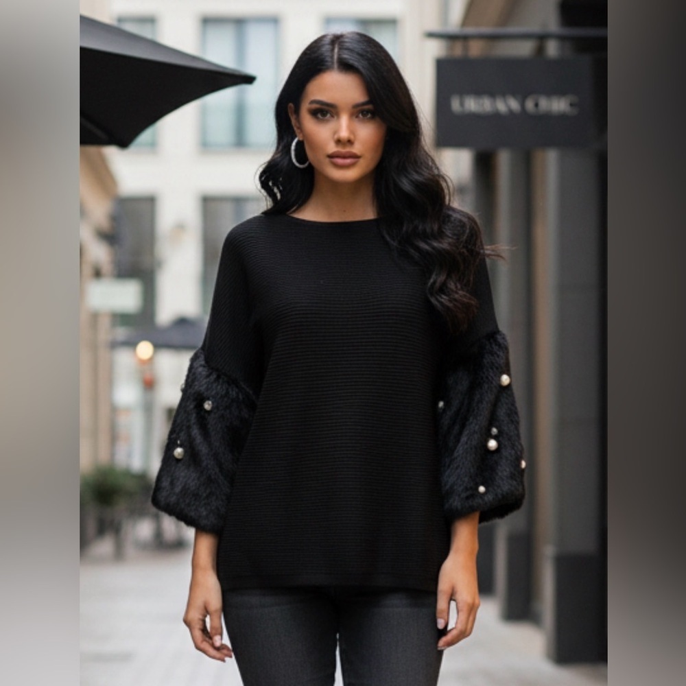 Elegant Black Sweater with Faux Fur Sleeves